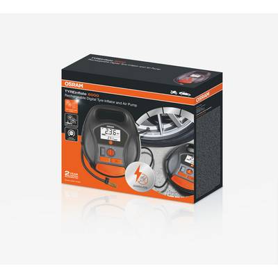 The packaging of a digital tyre pressure checker and air compressor by Osram, with display and accessories.