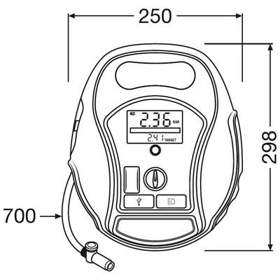 Figure of a portable tyre pressure gauge. Displays reading of '2.36 BAR' on screen. Arrows indicate dimensions of 250 mm x 298 mm.