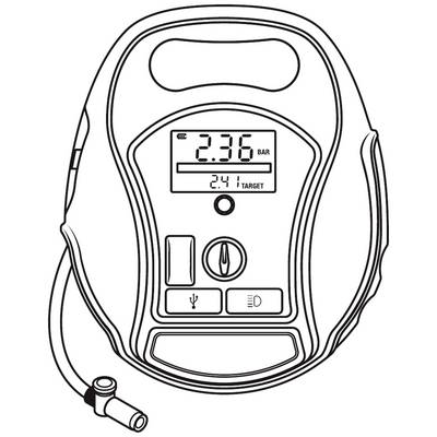 Digital pressure gauge with cable and digital display showing '2.36 BAR'. Target value below: '2.4 TARGET'.