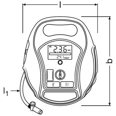 Figure of a digital tyre pressure gauge with LCD display. Device measuring 2.36 bar. Arrows indicating dimensions. Cable with valve connector.