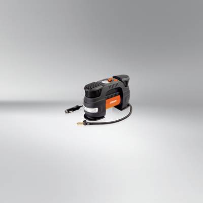 A portable tyre compressor with cable and hose, suitable for inflating tyres. Compact, black design.