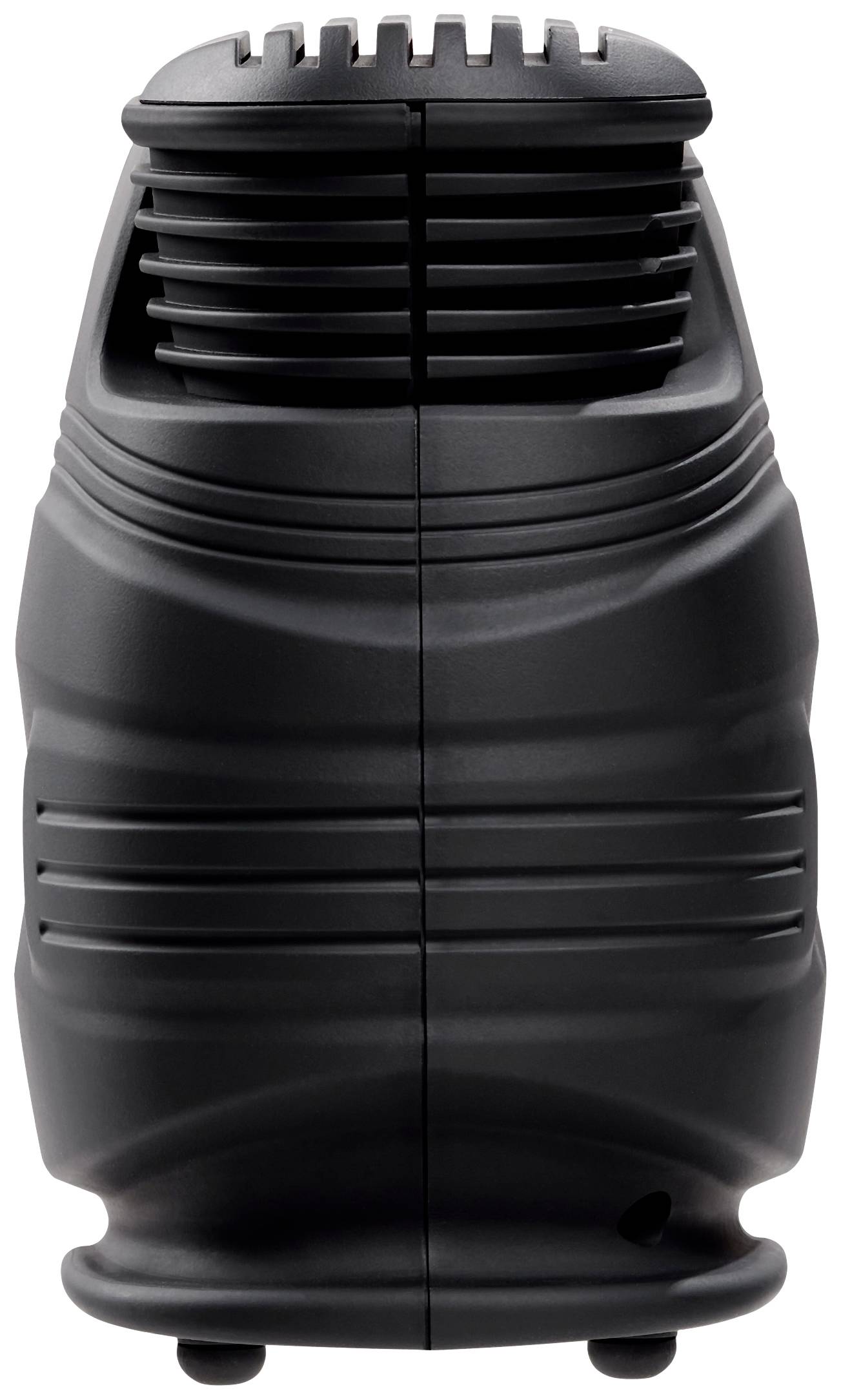 Black electric room heater with ventilation slots and a robust design, suitable for indoor use.