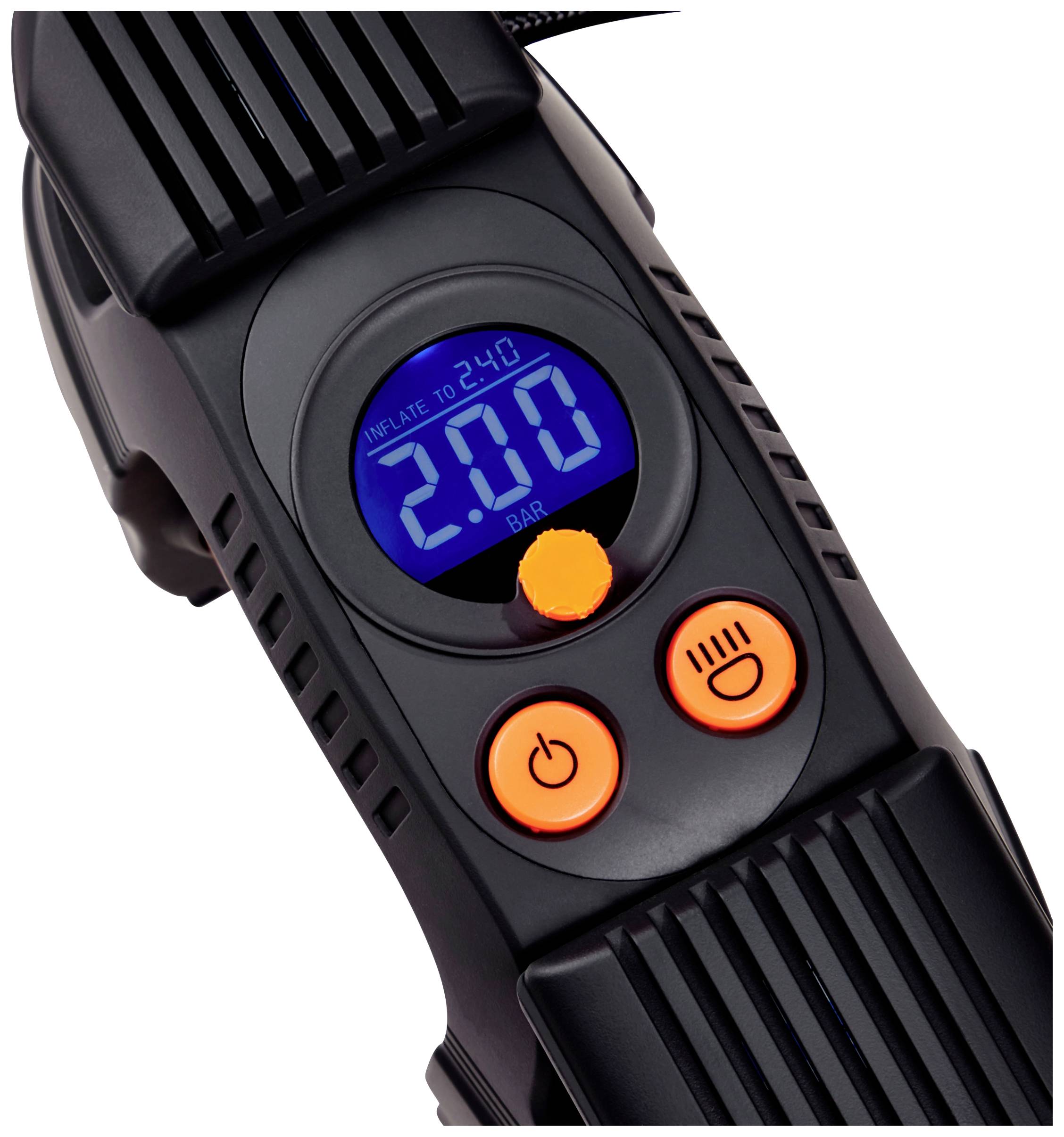 'Digital display of a compressor shows 2.90 bar. Three orange buttons: On/Off, Light, and Mode. Black ribbed design.'