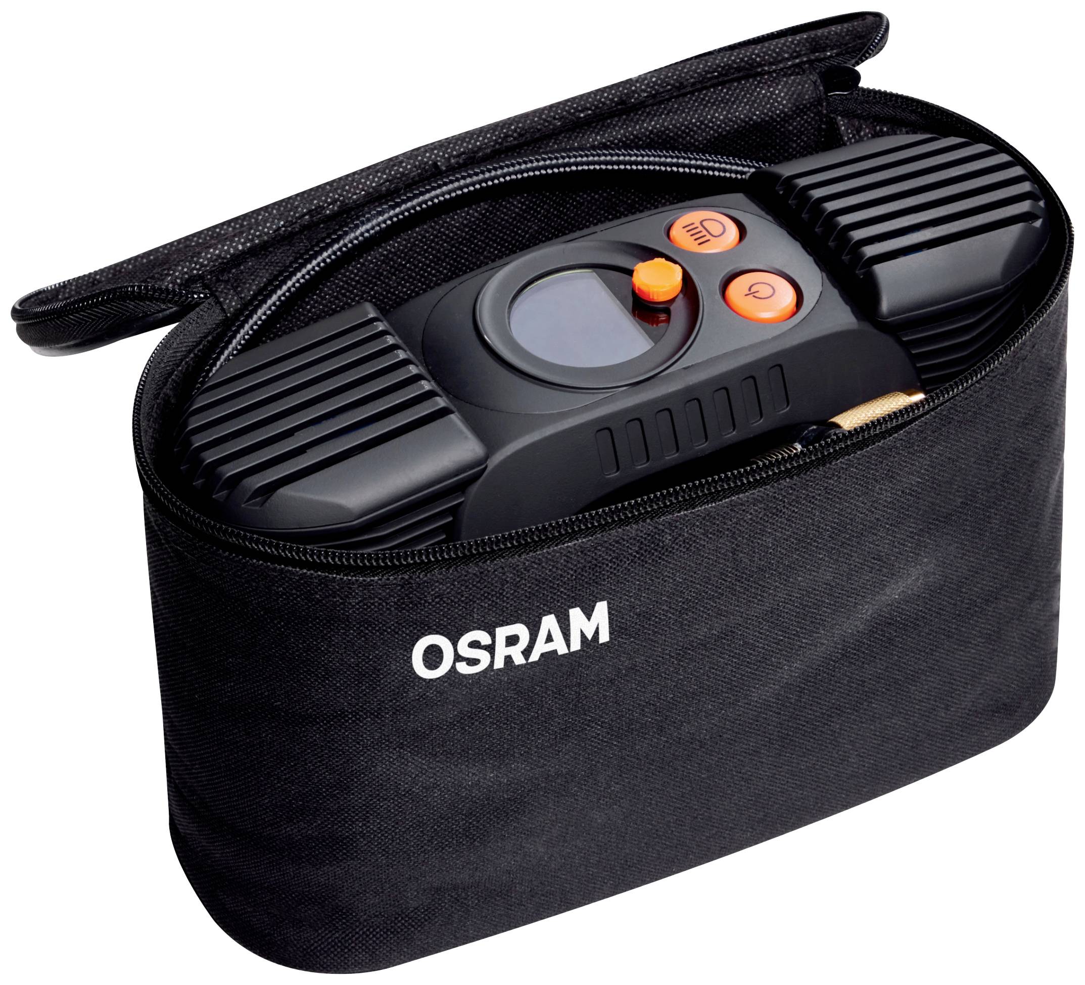OSRAM air compressor in black carry bag with two orange buttons, a pressure gauge and a cable for use in a car.