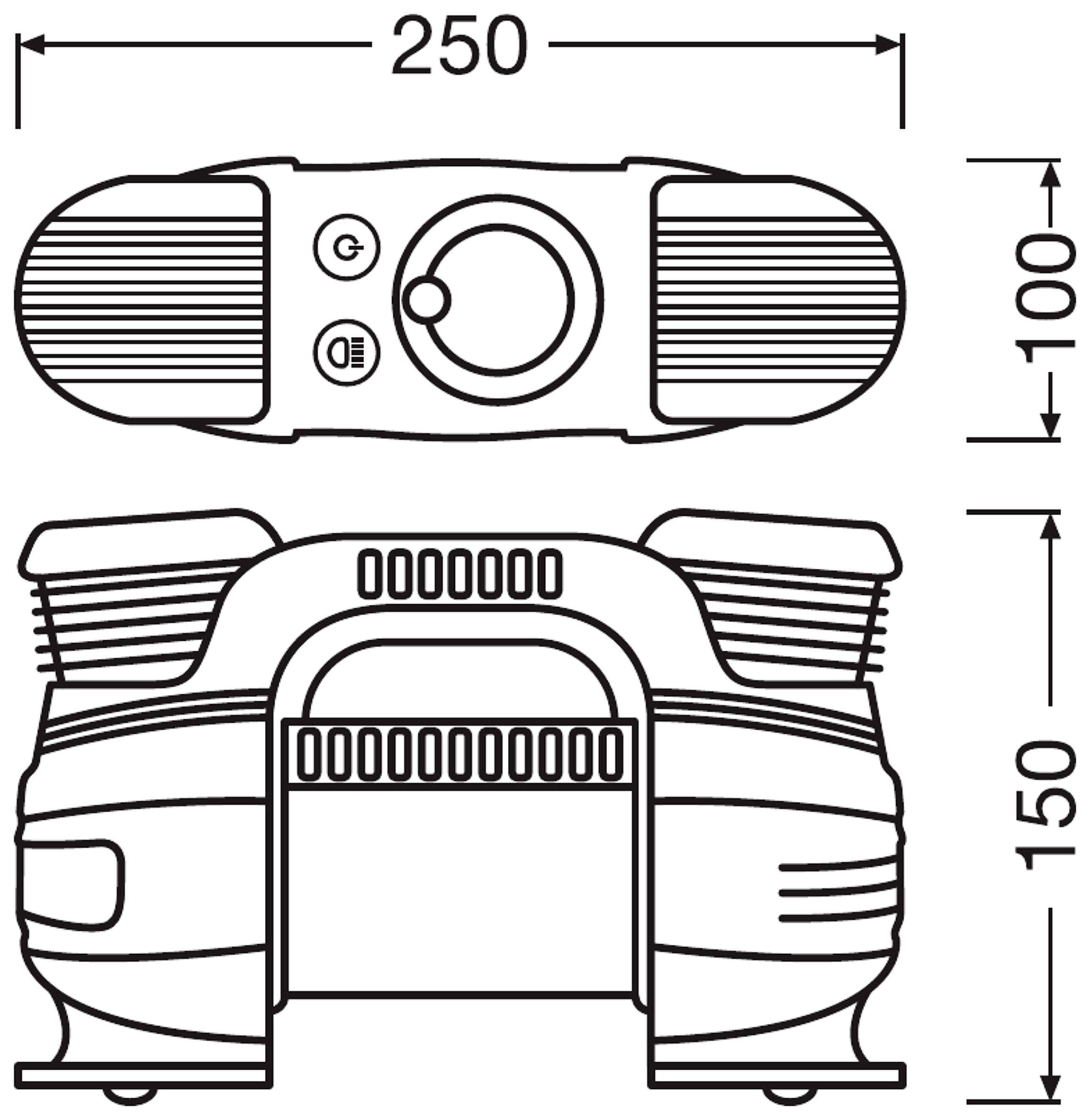 Technical drawing of a double electric pump with dimensions: 250 mm wide, 100 mm high in side view, 150 mm high in front view.