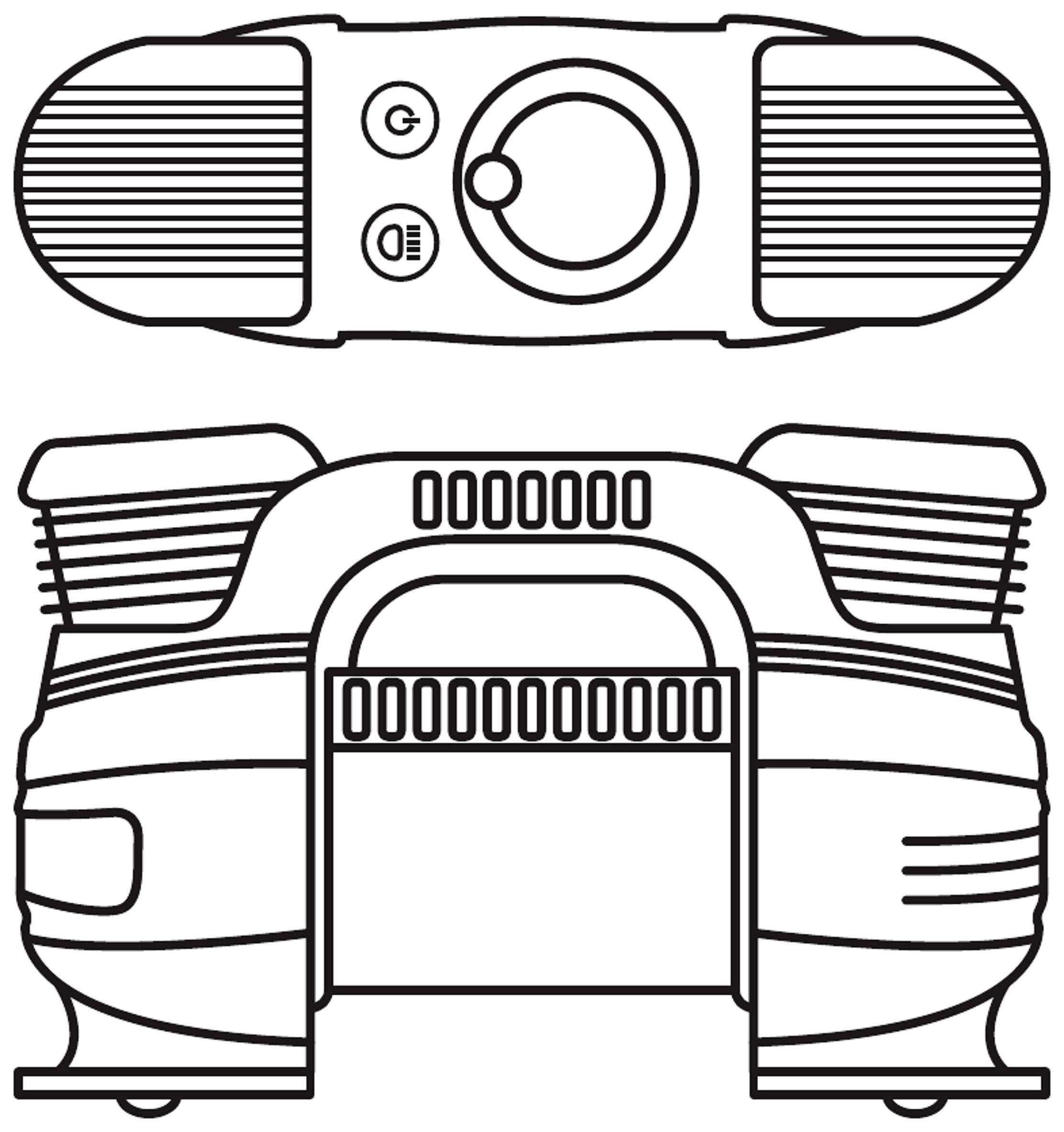 Technical drawing of a twin-cylinder compressor with detailed top view and front elevation.