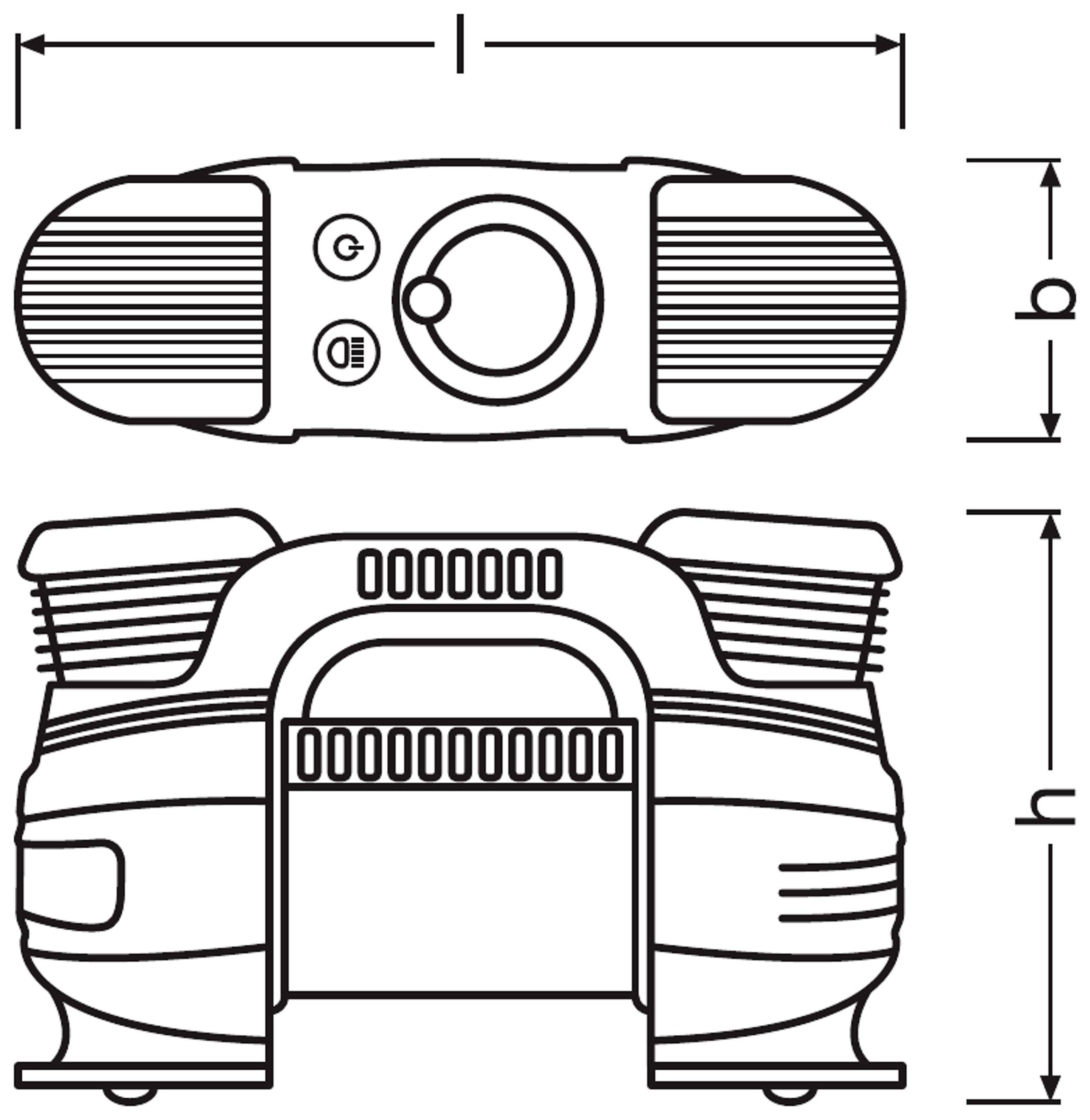 Technical drawing of a compressor with top view and side view. Dimensions 'a' in width and 'h' in height are specified.