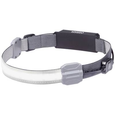 Head torch with grey strap and illuminating LED strip, perfect for activities in low light conditions.