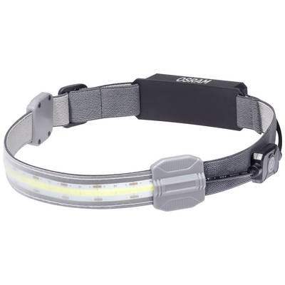Grey LED headband with adjustable strap and brand lettering. Suitable for running or working in dark environments.