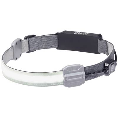 Grey, adjustable LED head torch with elastic band, suitable for outdoor activities. 'OSRAM' marking on the battery compartment.