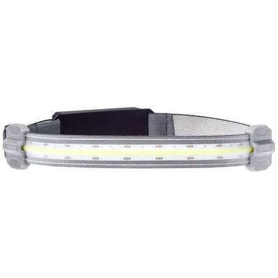 Head torch with grey headband and bright LED light that provides wide illumination. Ideal for outdoor activities or night-time work.
