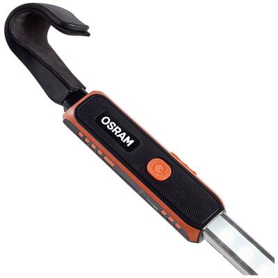 Portable OSRAM LED light with hanging hook, featuring a black and orange housing, suitable for flexible lighting solutions.