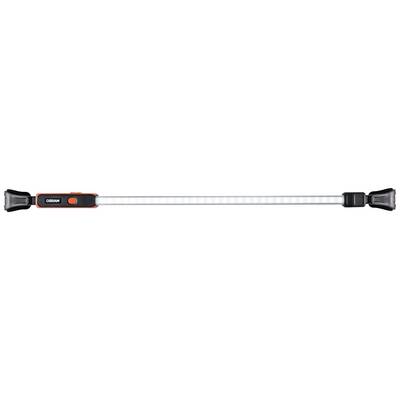 Long LED work light with black and orange housing and fixings at both ends. Ideal for workshop lighting.
