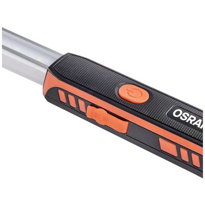 Close-up of a portable LED lamp with a red on/off switch and 'OSRAM' logo. Suitable for workshops or garage.