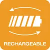 A symbol with a stylised battery, surrounded by arrows, on an orange background. Underneath it reads 'RECHARGEABLE'.