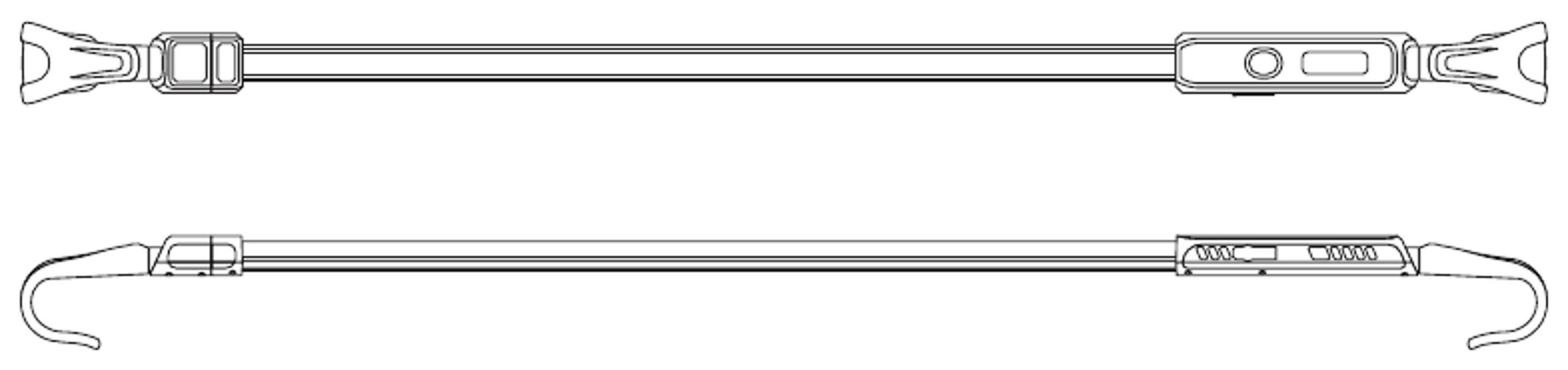Two technical drawings of an extendable rod: one with fixed ends above, and one with hooks at the ends below.