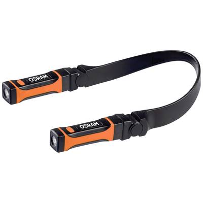 A flexible, black-orange LED lamp with two light heads and Osram logo, suitable for illuminating confined spaces.