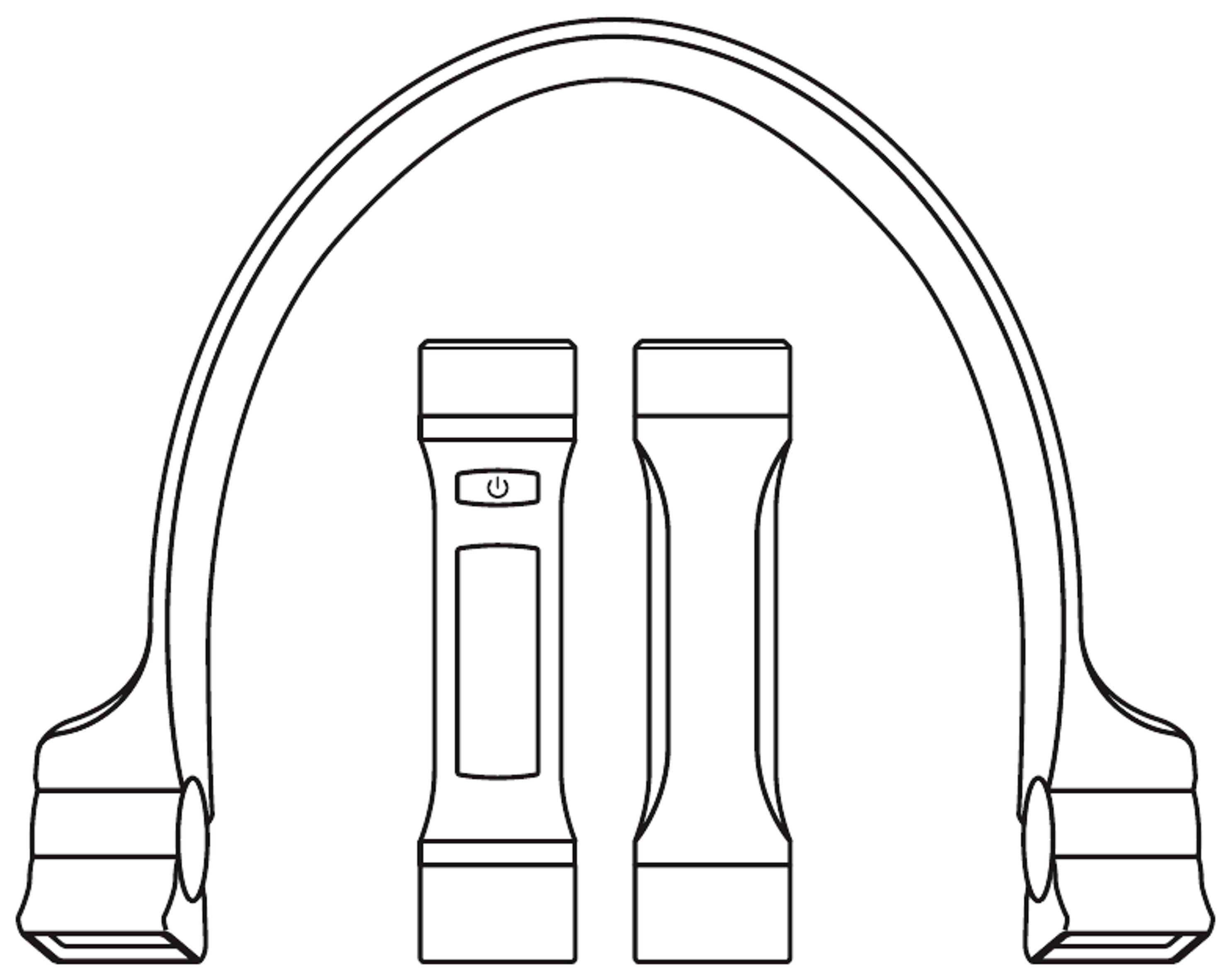 Sketch of a portable neck reading light with two elongated light sources and flexible arms that can be placed around the neck.