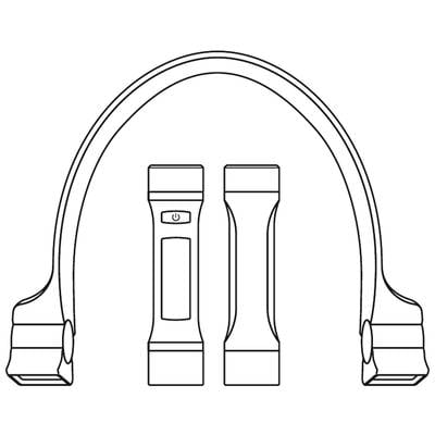 Sketch of a portable neck reading light with two elongated light sources and flexible arms that can be placed around the neck.