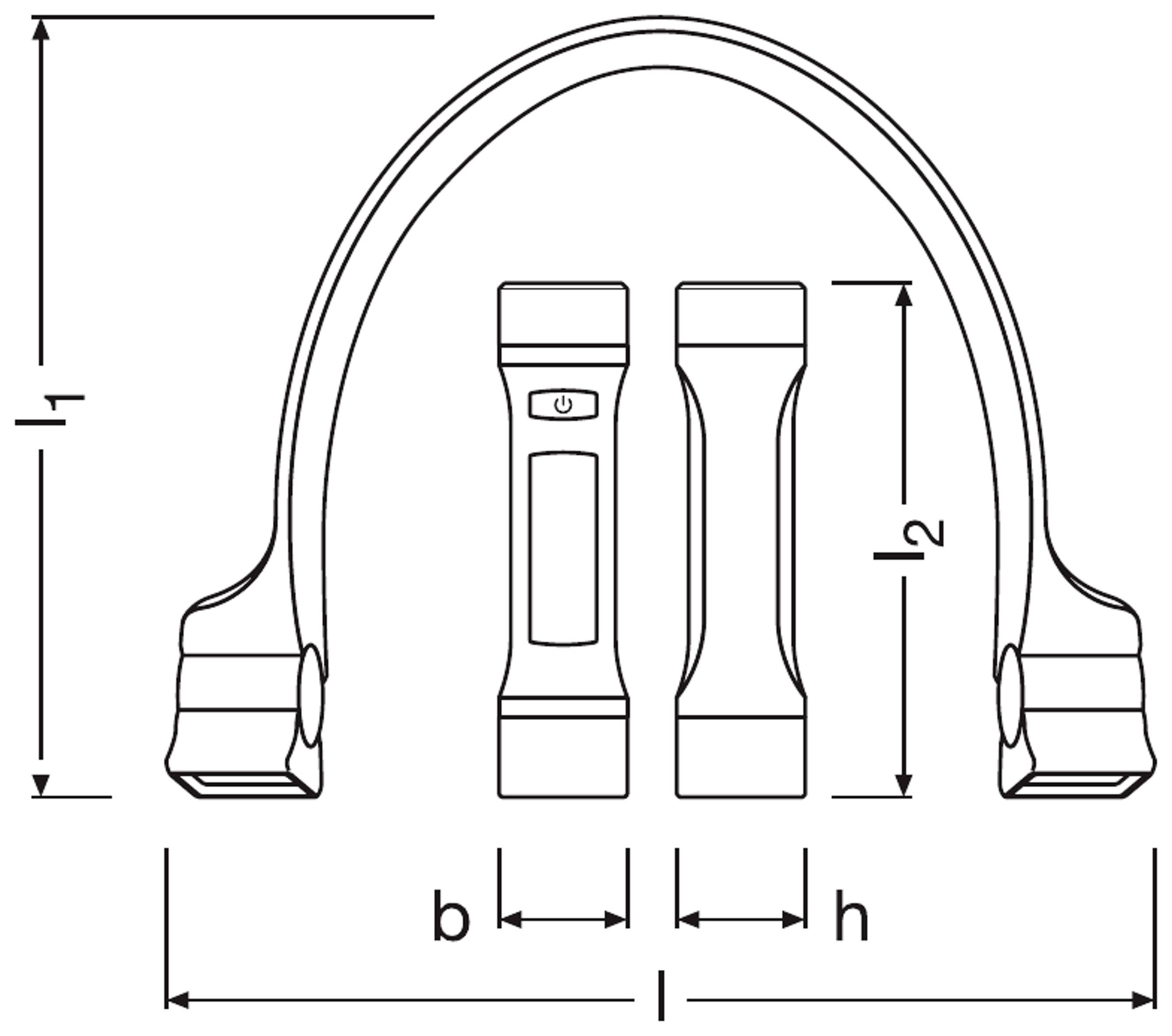 'Technical drawing of a protective cover: Total width b, height h and depth l2 specified. Side view and top view depicted.'