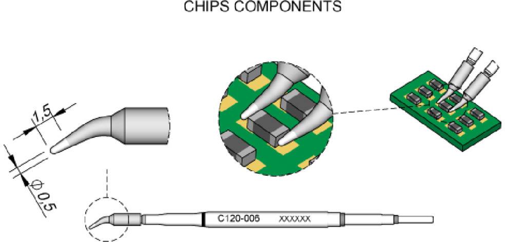 Diagram of a soldering tip for chip components, with dimensional specifications and detailed view of the tip during soldering on a printed circuit board.