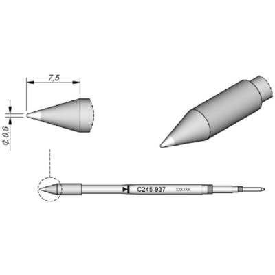Technical drawing of a metal soldering tip attachment for a soldering iron. Includes dimensions of 0.6 mm diameter and 7.5 length.