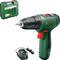 Cordless Drill Set: Bosch green/black cordless drill with charger and tool case, pictured with its accessories.