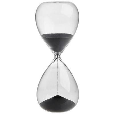 A black sand hourglass, with sand slowly trickling from the upper half to the lower half, indicating the passage of time.