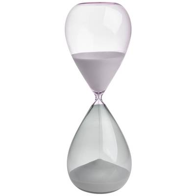 Hourglass with pink sand slowly trickling from the upper chamber into the empty lower chamber. A symbol of time or patience.