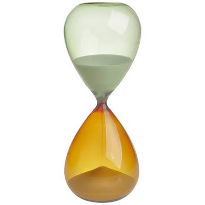 An hourglass with a green upper glass section and an orange lower glass section shows time passing. The sand flows evenly from top to bottom.