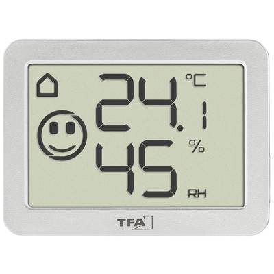 Digital thermo-hygrometer shows 24.1°C and 45% humidity, with a smiley face indicating a pleasant room climate.