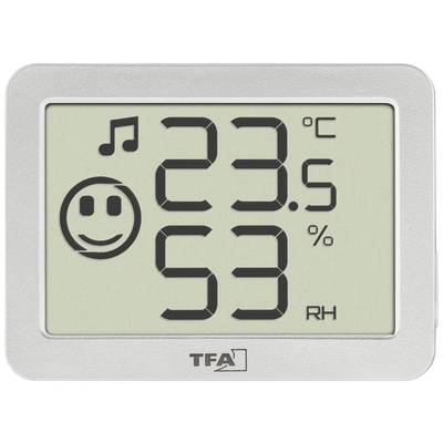 Digital thermometer and hygrometer showing 23.5 degrees Celsius and 53 percent relative humidity. Smiley icon indicates a comfortable climate.