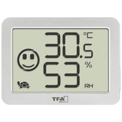 Digital thermometer-hygrometer showing 30.5 degrees Celsius and 53 percent humidity. Smiley face and tortoise located bottom left.