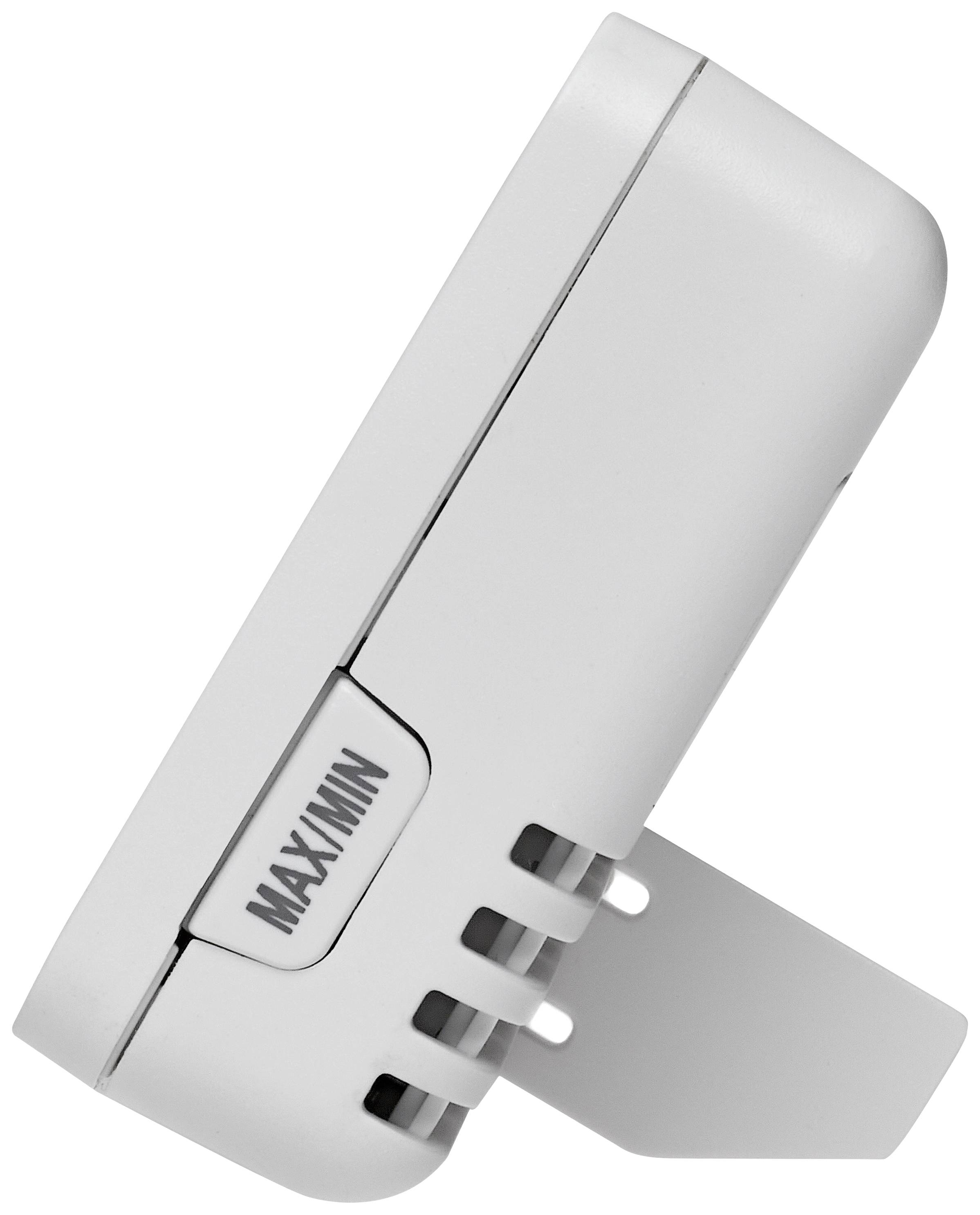 A white digital thermo-hygrometer viewed from the side, showing the brand name and ventilation slots.
