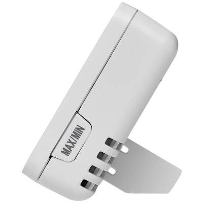 A white digital thermo-hygrometer viewed from the side, showing the brand name and ventilation slots.