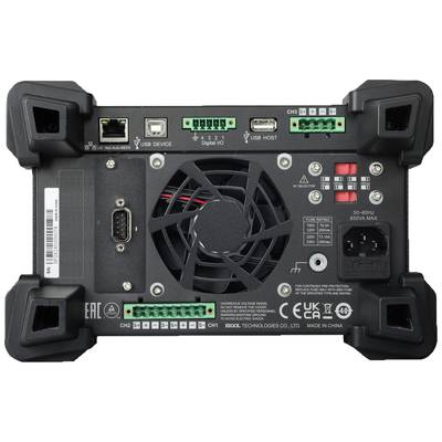 Back of an electronic device with a fan, multiple USB ports, power cable socket, switches, and ventilation grille.
