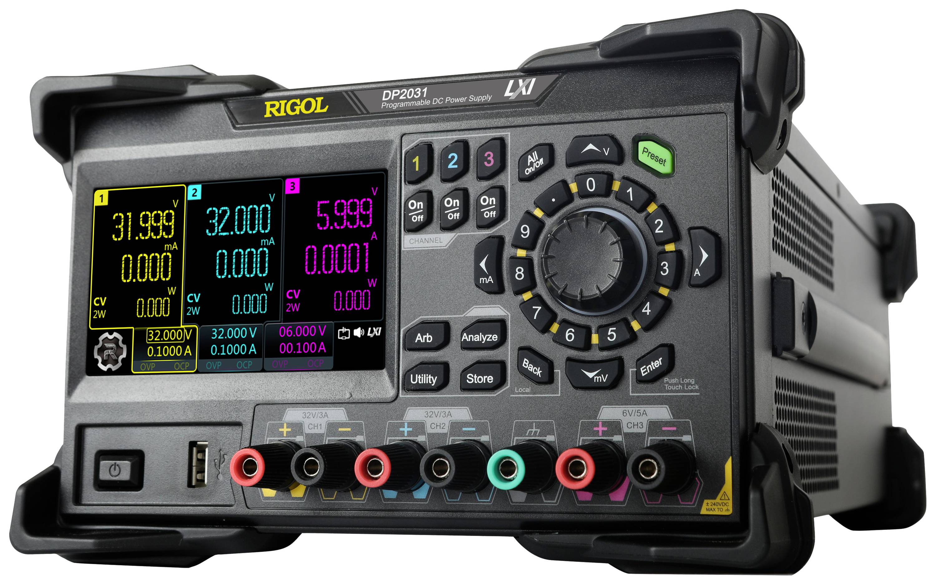 A Rigol DP2031 power analyser with multiple digital displays showing values for voltage, current, and power.