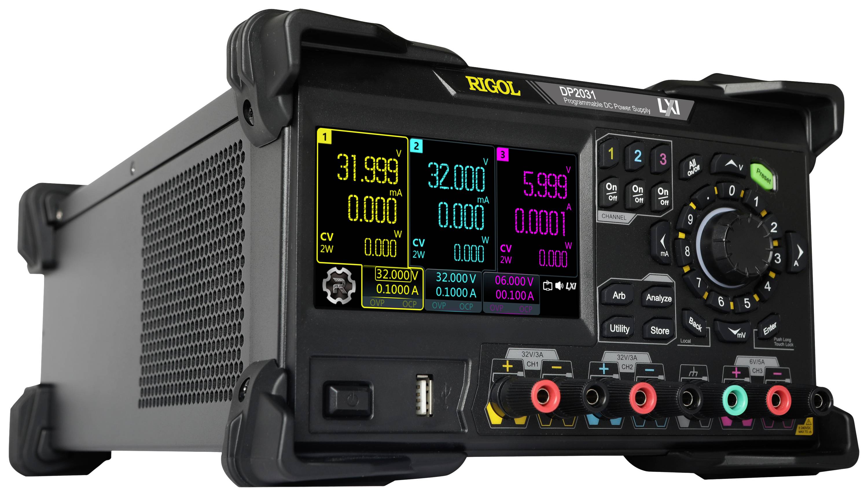 A modern digital laboratory power supply with multiple colour displays shows voltage and current values.