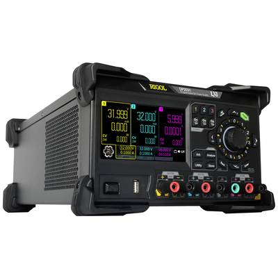 A modern digital laboratory power supply with multiple colour displays shows voltage and current values.