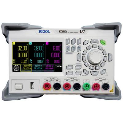 A digital multimeter with a colour display shows measurement values for voltage, current, and power across three channels. Controls and connections underneath.