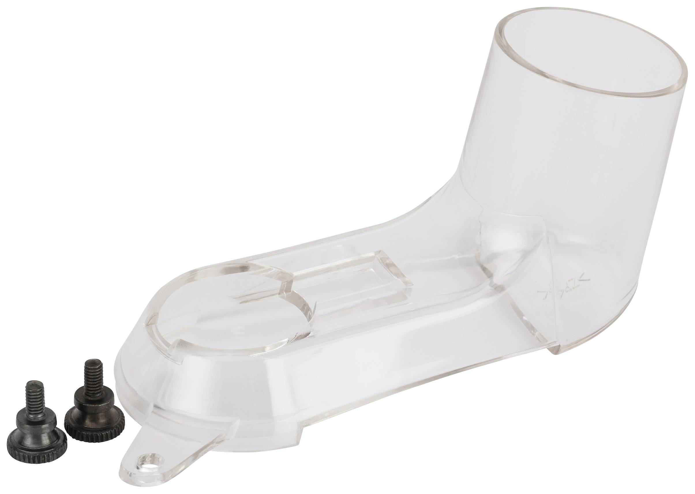 A transparent plastic component beside two black screws, likely a spare part or cover for a device.