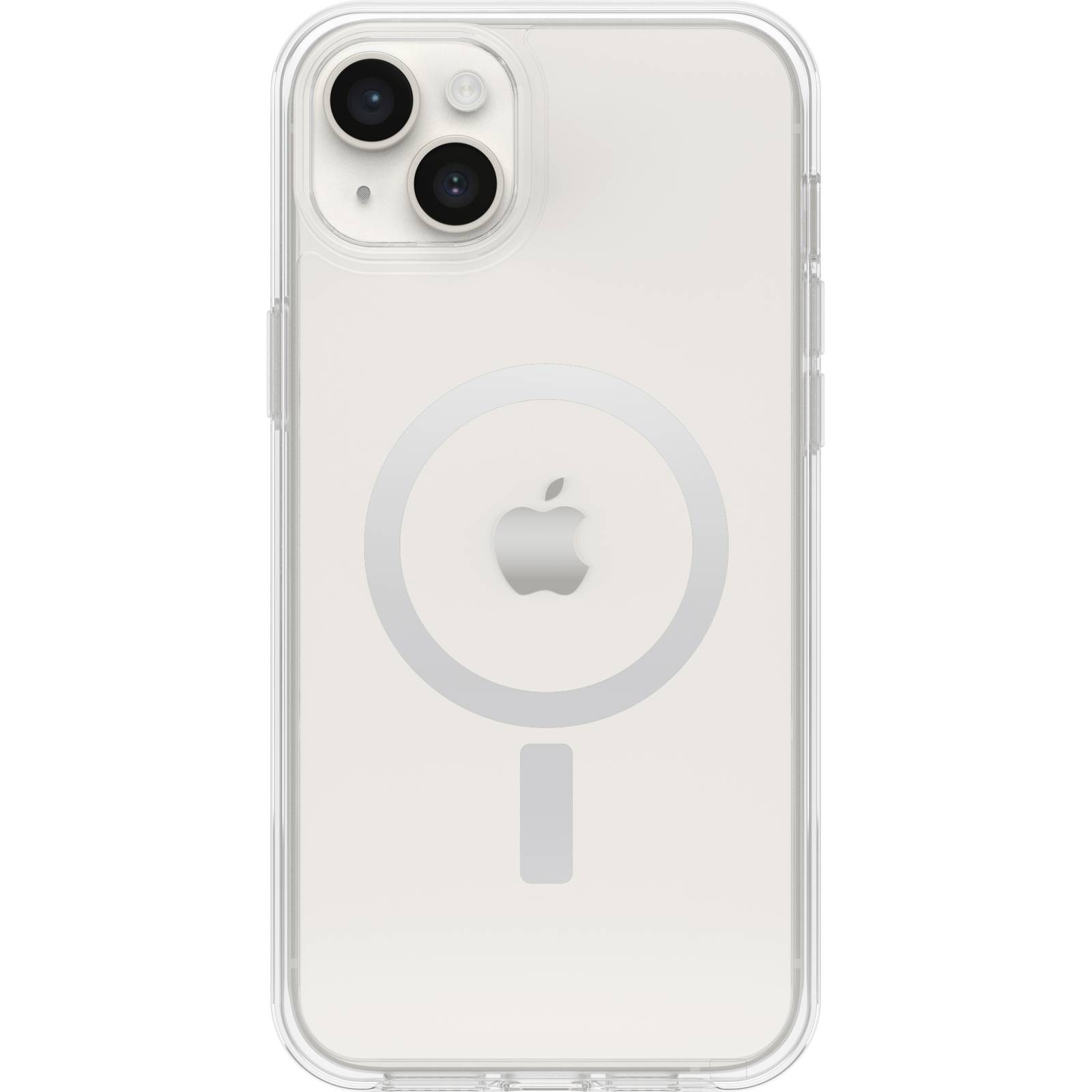 Transparent mobile phone case with integrated MagSafe ring for wireless charging. The back displays the Apple logo.
