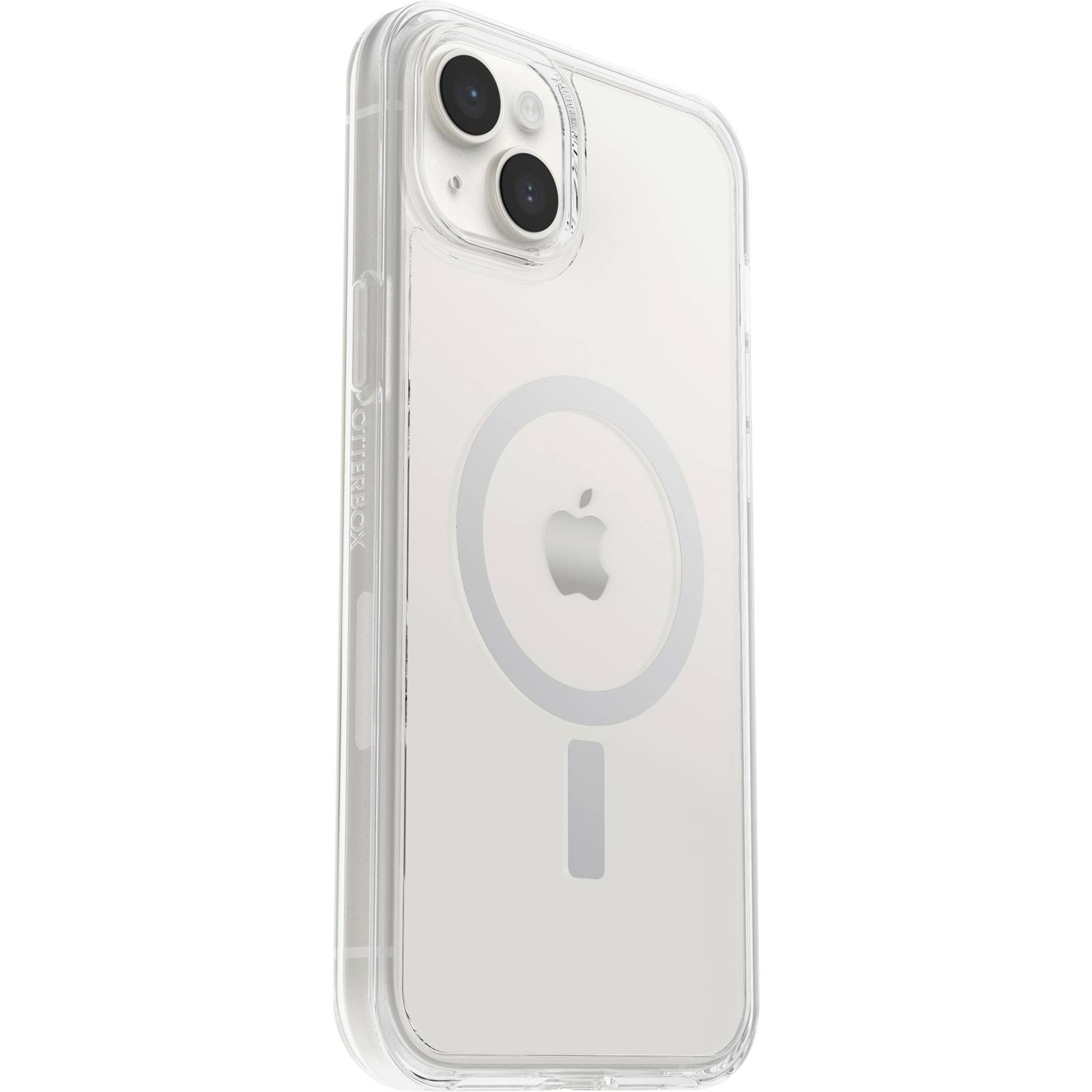 Transparent mobile phone case with the Apple logo visibly positioned on an iPhone. MagSafe symbol recognisable in the centre.