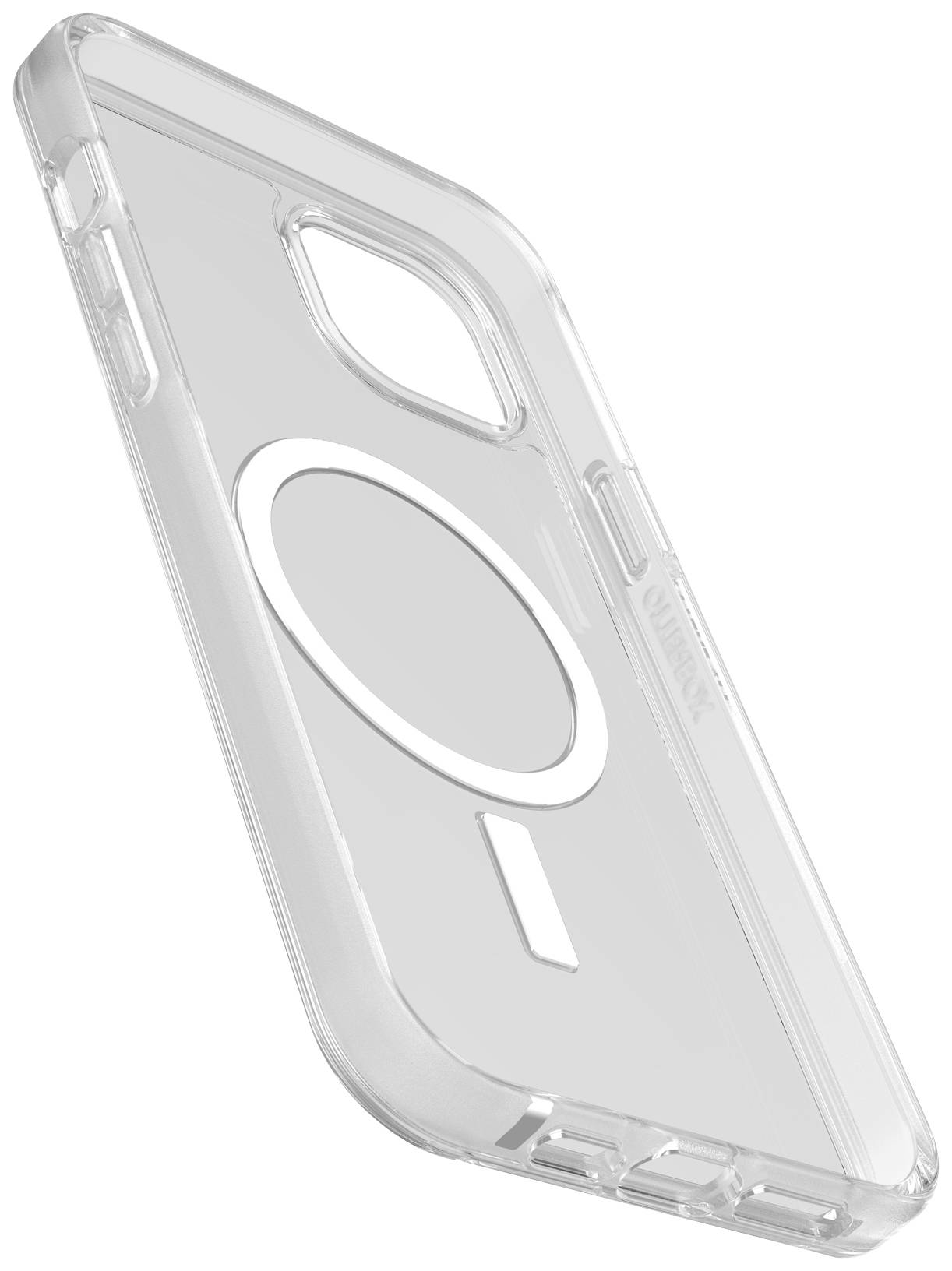 A transparent phone case with a circular cutout on the back for wireless charging.