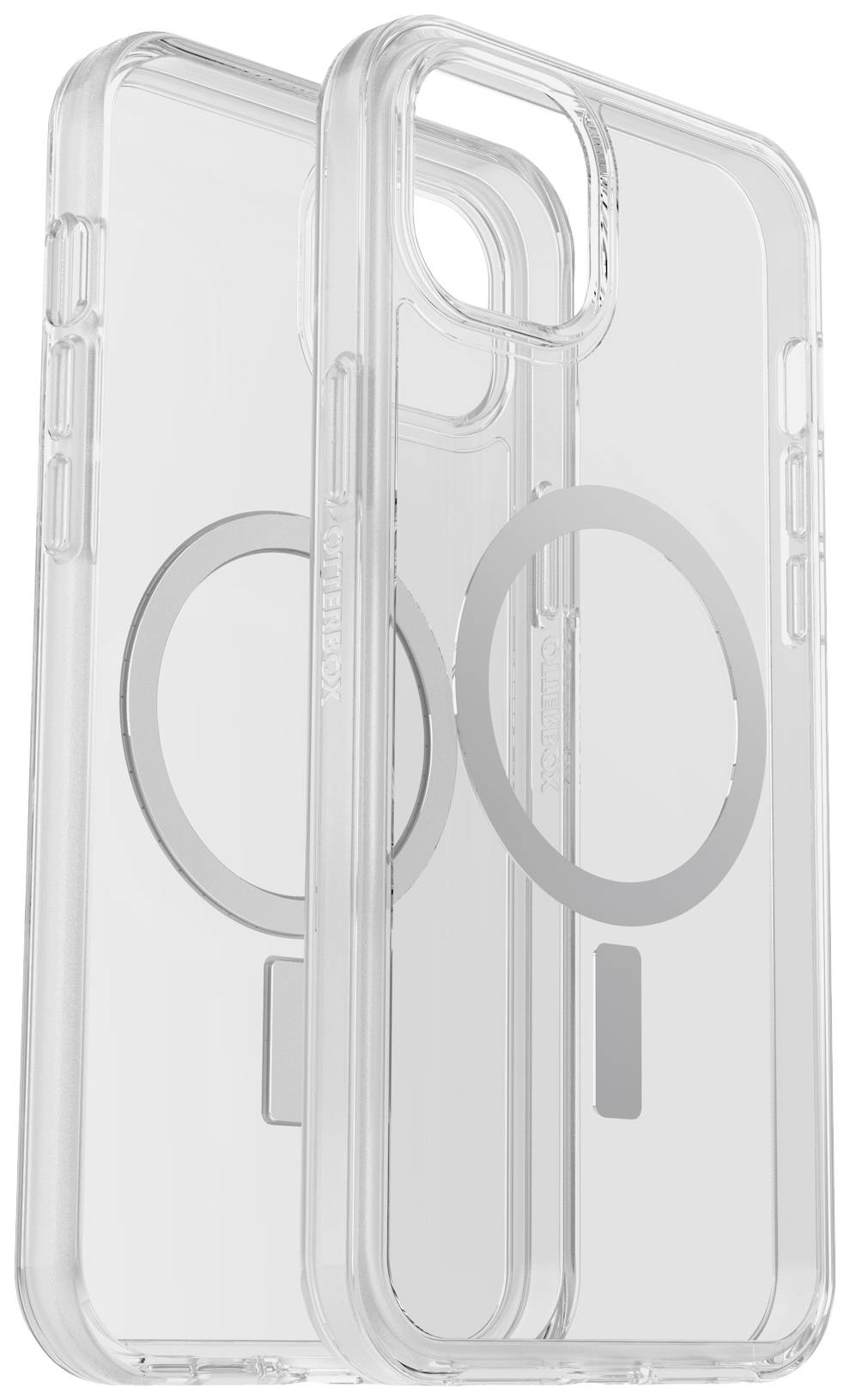 Transparent mobile phone case with magnetic ring, suitable for magnetic charging. Design allows easy button and camera operation.