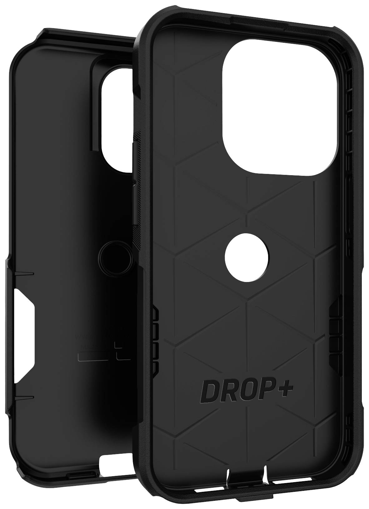 Robust black smartphone case with shock-resistant design and 'DROP+' text, offering maximum protection for the device.