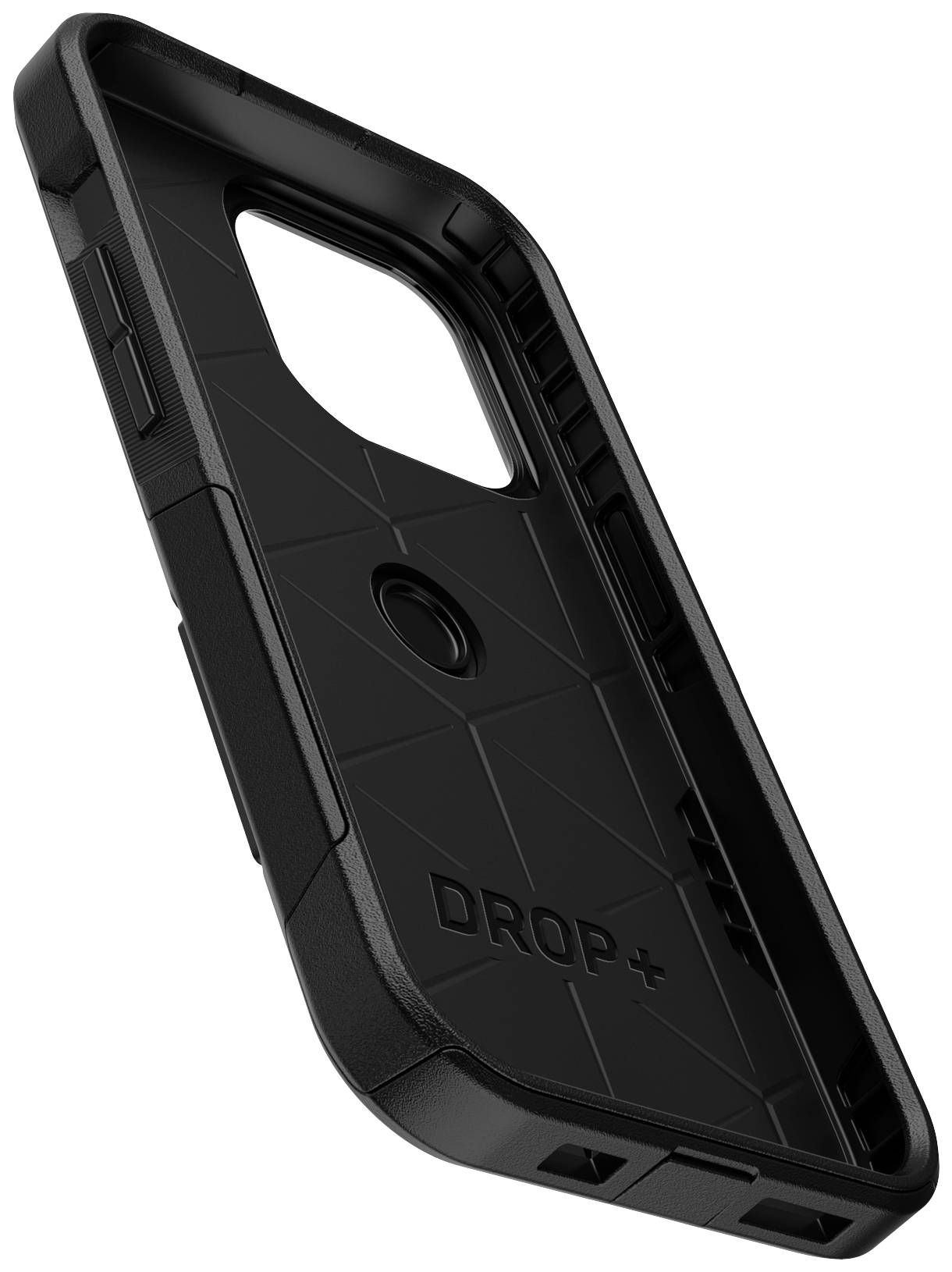 Black, robust phone case with non-slip pattern and 'DROP+' text, provides enhanced protection for smartphones.