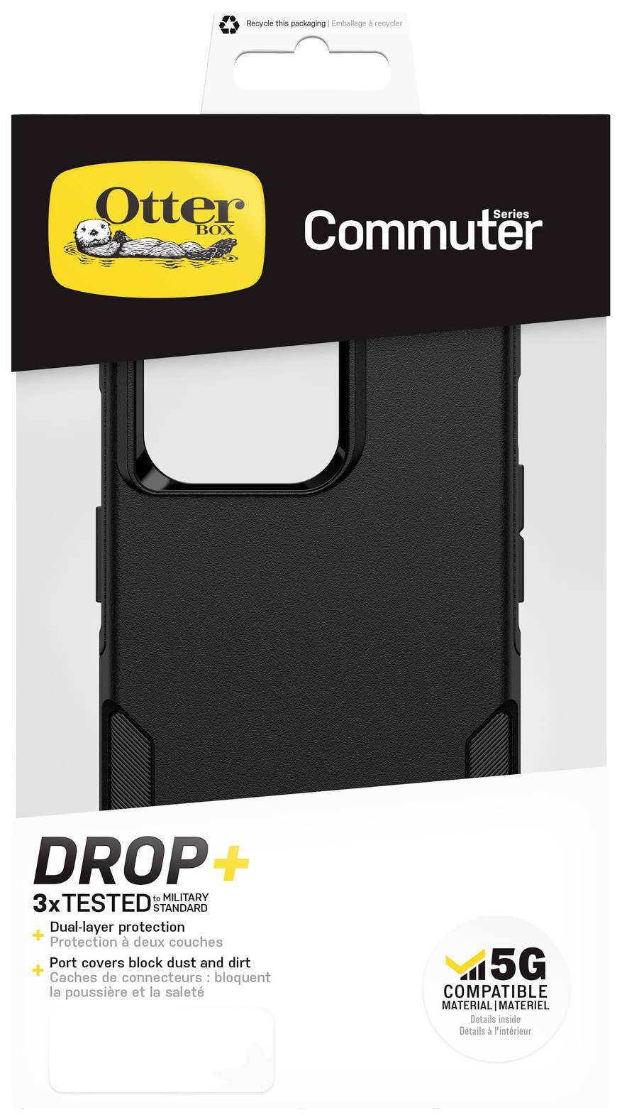 OtterBox Commuter Series Mobile Phone Case, Black, Packaging Highlights Features Such as Drop Protection and Dirt Resistance, 5G Compatible.