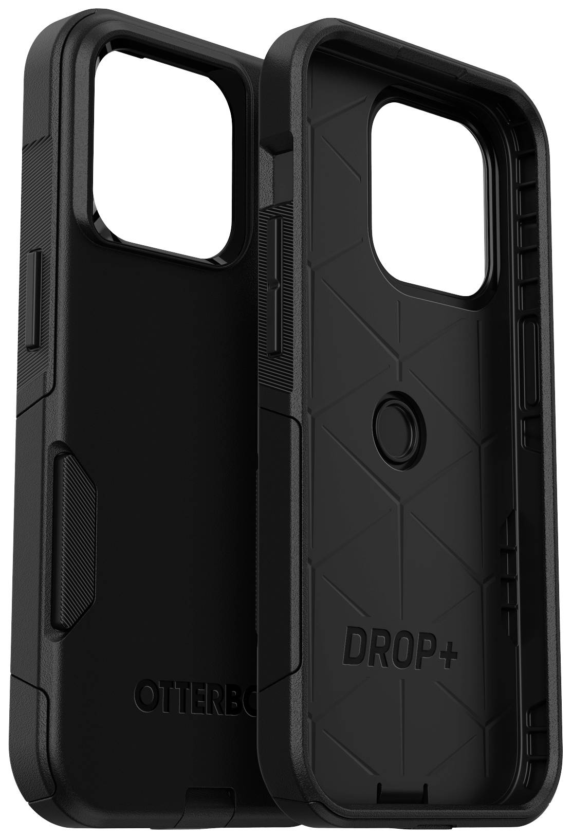 Black OtterBox smartphone case, consisting of two parts, robustly designed for drop protection.