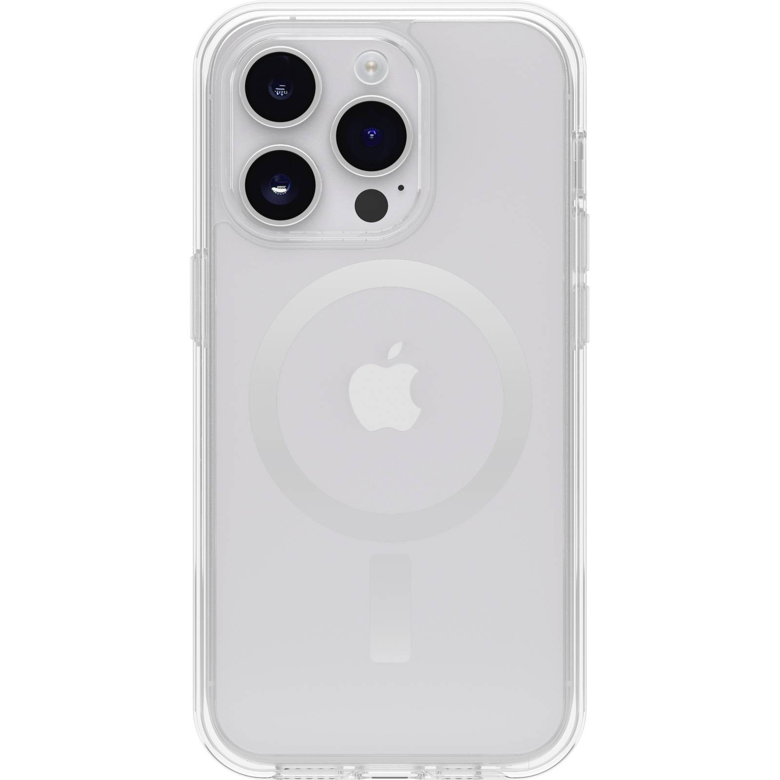 iPhone with a transparent case, back revealing the Apple logo and MagSafe ring, three camera lenses visible in the top left.